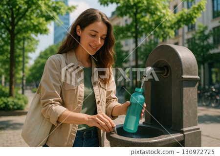 Woman fills a water bottle at a public fountain in a sunny urban park during a warm afternoon, surrounded by trees and city buildings Woman fills a water bottle at a public fountain in a sunny urban park during a warm afternoon, surrounded by trees and city buildings 130972725