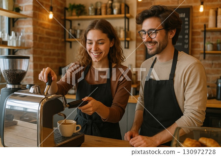 Baristas preparing coffee in a cozy cafe during the morning rush with happy customers enjoying their drinks 130972728