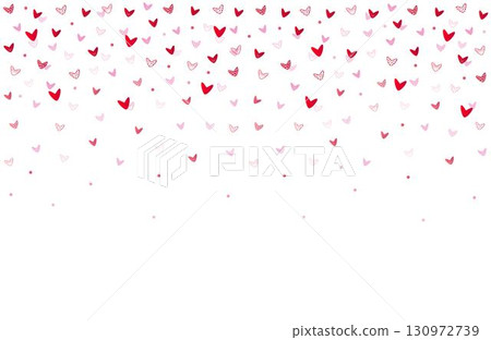 Background falling down hearts, red and pink decorative confetti with different fillings. Trendy vector single pattern with festive mood. The bottom part is free and convenient for adding text Background falling down hearts, red and pink decorative confetti with different fillings. Trendy vector single pattern with festive mood. The bottom part is free and convenient for adding text 130972739