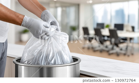 Person discarding trash in office waste bin during work hours 130972764