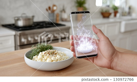 Hand holding smartphone over bowl of mashed potatoes in bright kitchen Hand holding smartphone over bowl of mashed potatoes in bright kitchen 130972766
