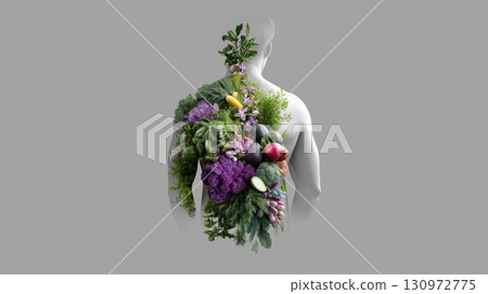 Human figure adorned with fresh vegetables illustrating nutrition concept Human figure adorned with fresh vegetables illustrating nutrition concept 130972775