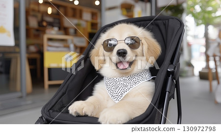 Puppy enjoying a day out in a stroller with sunglasses on a sunny afternoon 130972798