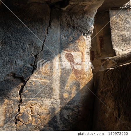 A close-up of an ancient rock painting, executed in warm ochre and red tones on the rough, uneven surface of a cave wall. The image depicts stylized figures of people and animals. The rock surface has 130972960