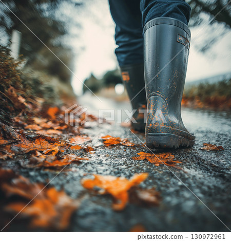 A man in rubber boots walks along an autumn road A man in rubber boots walks along an autumn road 130972961