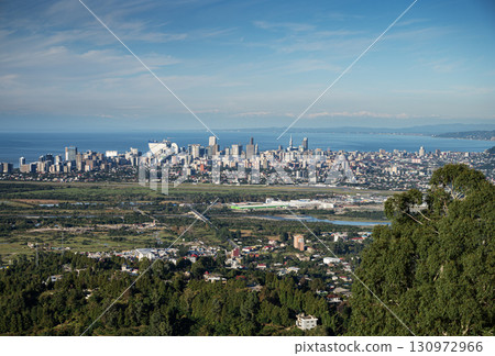 Aerial view of modern coastal city with buildings, green fields and trees in foreground, mountains 130972966