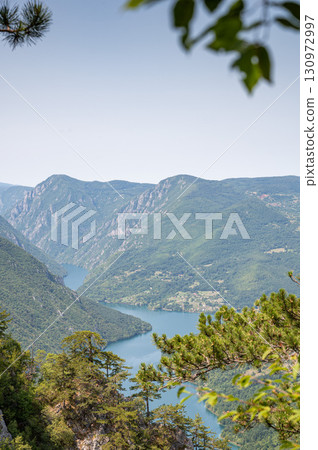 Canyon river meandering among green forested mountains, nature landscape photography Canyon river meandering among green forested mountains, nature landscape photography 130972997