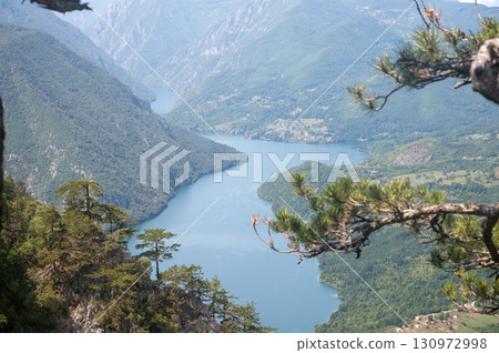 Canyon river meandering among green forested mountains, nature landscape photography Canyon river meandering among green forested mountains, nature landscape photography 130972998