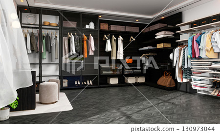 Modern Luxury Walk-In Closet Interior with Wardrobe and Dressing Table, 3D Rendering Modern Luxury Walk-In Closet Interior with Wardrobe and Dressing Table, 3D Rendering 130973044