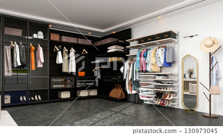 Modern Luxury Walk-In Closet Interior with Wardrobe and Dressing Table, 3D Rendering 130973045