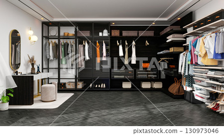 Modern Luxury Walk-In Closet Interior with Wardrobe and Dressing Table, 3D Rendering 130973046