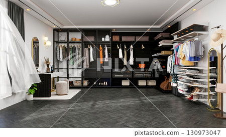 Modern Luxury Walk-In Closet Interior with Wardrobe and Dressing Table, 3D Rendering 130973047