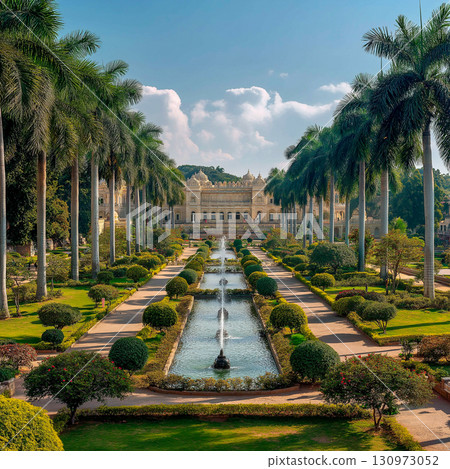 The image shows a majestic palace located at the end of a long, symmetrical avenue. Along the avenue are neatly trimmed shrubs, manicured lawns, and tall, slender palm trees. In the center of the aven The image shows a majestic palace located at the end of a long, symmetrical avenue. Along the avenue are neatly trimmed shrubs, manicured lawns, and tall, slender palm trees. In the center of the aven 130973052