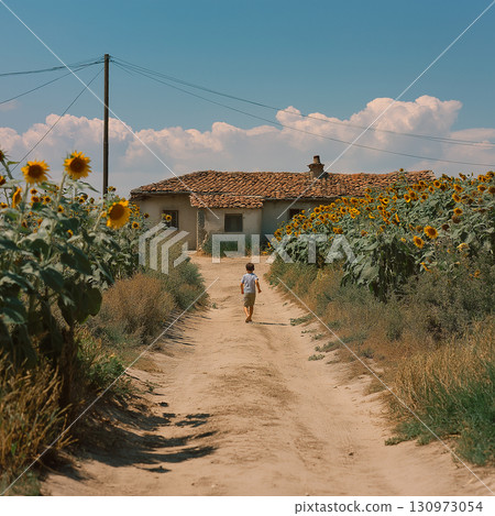 A child runs along a dirt road in a field of sunflowers A child runs along a dirt road in a field of sunflowers 130973054