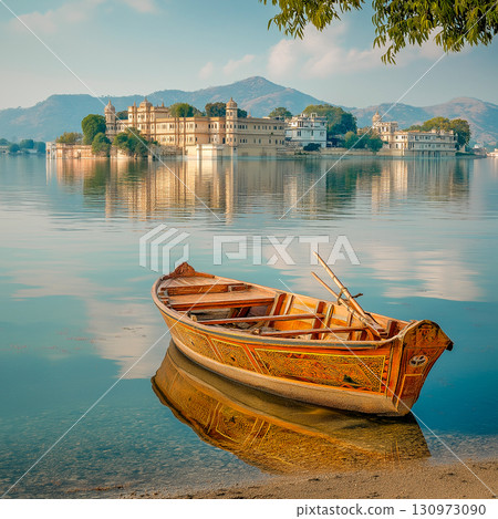 A boat on Lake Pichola with a view of the Jag Mandir Palace, Udaipur A boat on Lake Pichola with a view of the Jag Mandir Palace, Udaipur 130973090