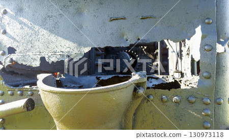 Nitra, Slovakia - September 4, 2025: A vintage traction engine on display at the Nitra Agricultural University. Rear view. Close-up. Detail. 130973118