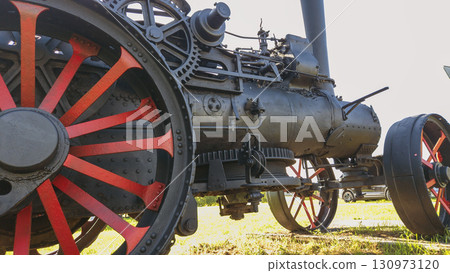 Nitra, Slovakia - September 4, 2025: A vintage traction engine on display at the Nitra Agricultural University. Close-up. Wheels. Nitra, Slovakia - September 4, 2025: A vintage traction engine on display at the Nitra Agricultural University. Close-up. Wheels. 130973120