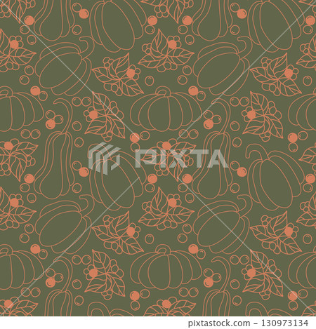 Pumpkins and berries with leaves seamless botanical doodle pattern vector illustration 130973134