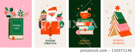 Christmas book fair posters and banners. Winter book sale vector illustrations. 130973146