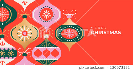 Colorful Christmas ornaments and vintage baubles. Banner background in modern minimalist geometric 130973151