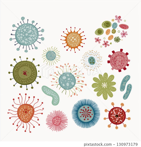 Colorful cartoon microbes and viruses in various shapes and patterns on a white background 130973179