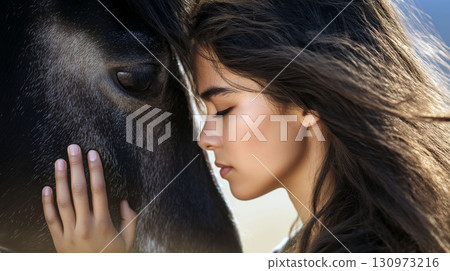 Young woman gently touching horse's face with eyes closed, showing emotional bond and trust in natural sunlight 130973216