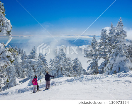 滑雪者在山坡上欣賞冰霜樹和雲朵的壯麗景色（群馬縣中之條町澀峠） 130973354
