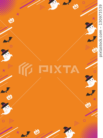 Illustration of a vertical orange background frame with Halloween ghosts and geometric patterns Illustration of a vertical orange background frame with Halloween ghosts and geometric patterns 130973539