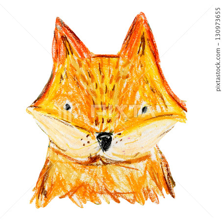 Cute oil pastel painting orange fox head with textured fur illustration. Hand drawing with crayon pencils forest animal summer portrait for greeting card design, nursery poster, invitation, sticker Cute oil pastel painting orange fox head with textured fur illustration. Hand drawing with crayon pencils forest animal summer portrait for greeting card design, nursery poster, invitation, sticker 130973655