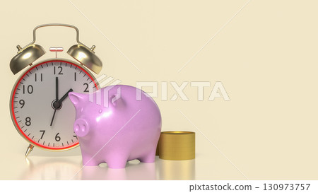The Clock and Piggy bank  for Saving or Earn concept 3d Rendering. 130973757