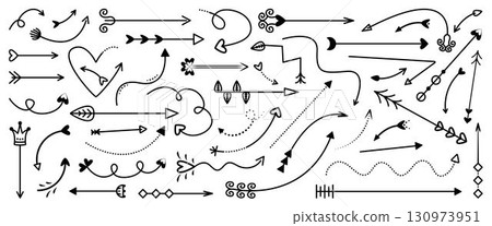 Black line arrows doodle set, various vector monochrome outline navigation signs. Linear decorative symbols in different shapes and directions 130973951