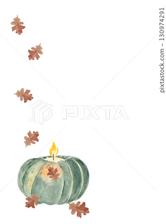 Pumpkin candle with oak leaves watercolor isolated on white. Cozy autumn harvest composition perfect for Thanksgiving, Halloween cards, home decor, rustic seasonal posters, botanical designs. Autumn Pumpkin candle with oak leaves watercolor isolated on white. Cozy autumn harvest composition perfect for Thanksgiving, Halloween cards, home decor, rustic seasonal posters, botanical designs. Autumn 130974291
