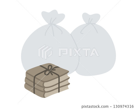 Spring cleaning and decluttering: Old books tied together with garbage bags and string Spring cleaning and decluttering: Old books tied together with garbage bags and string 130974316