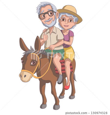 Elderly couple riding a donkey, vector illustration 130974328