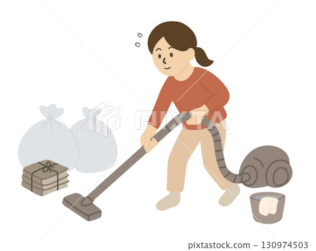 年終清潔和整理 - 一位女士吸塵的插圖 130974503
