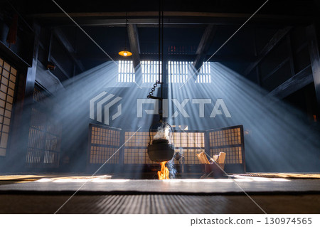 [Light beam material] A winter feature: The light beams of Okutani at Wakihonjin in Tsumago-juku [Nagano Prefecture] 130974565