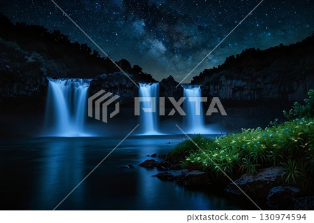 瀑布倒映在水面上 130974594