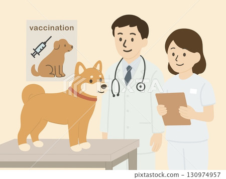 一隻狗和一位醫生在獸醫診所接受檢查。附疫苗接種海報。 一隻狗和一位醫生在獸醫診所接受檢查。附疫苗接種海報。 130974957