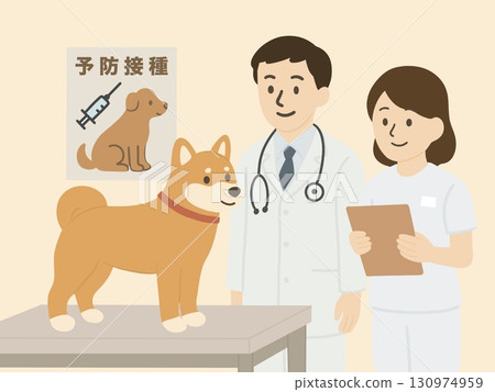 A dog and a doctor being examined at a veterinary clinic. There is a vaccination poster on the wall. 130974959