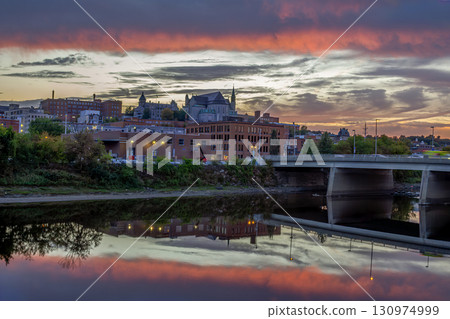Sherbrooke Downtown Sunset Reflection on Saint Francois River with Colorful Sky Sherbrooke Downtown Sunset Reflection on Saint Francois River with Colorful Sky 130974999