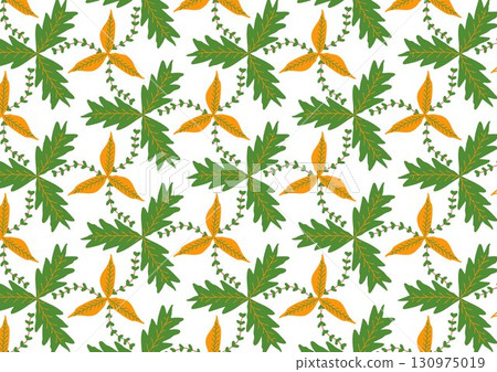 A seamless floral and leaf pattern featuring green and orange leaves on a white background. Ideal for fabric, wallpaper, and packaging design. 130975019