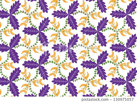 A seamless floral and leaf pattern featuring colorful leaves on a white background. Ideal for fabric, wallpaper, and packaging design. 130975057