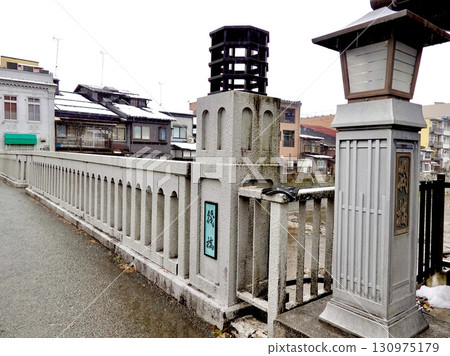 Hida Takayama: A view of the plaque on the railing of Ebisu Bridge over the Miyagawa River, Takayama City, Gifu Prefecture 130975179