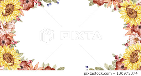 Watercolor horizontal floral frame with roses, sunflowers, and wildflowers in warm peach and burgundy shades. Perfect for wedding invitations, banners, and branding. Part of golden hour set. 130975374