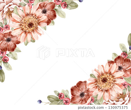Corner floral watercolor frame with peonies, sunflowers, and autumn flowers in warm tones. Perfect for stationery, invitations, posters, and seasonal branding. Part of golden hour set. Corner floral watercolor frame with peonies, sunflowers, and autumn flowers in warm tones. Perfect for stationery, invitations, posters, and seasonal branding. Part of golden hour set. 130975375