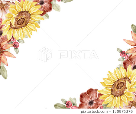 Corner floral watercolor frame with peonies, sunflowers, and autumn flowers in warm tones. Perfect for stationery, invitations, posters, and seasonal branding. Part of golden hour set. Corner floral watercolor frame with peonies, sunflowers, and autumn flowers in warm tones. Perfect for stationery, invitations, posters, and seasonal branding. Part of golden hour set. 130975376