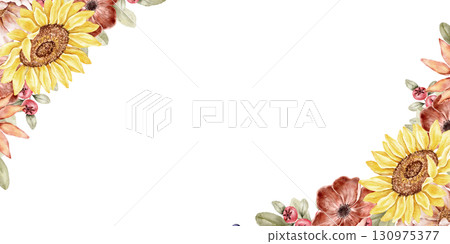 Corner floral watercolor long frame with peonies, sunflowers, and autumn flowers in warm tones. Perfect for stationery, invitations, posters, and seasonal branding. Part of golden hour set. Corner floral watercolor long frame with peonies, sunflowers, and autumn flowers in warm tones. Perfect for stationery, invitations, posters, and seasonal branding. Part of golden hour set. 130975377