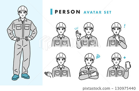 Avatar set of a man wearing a helmet and work clothes 130975440