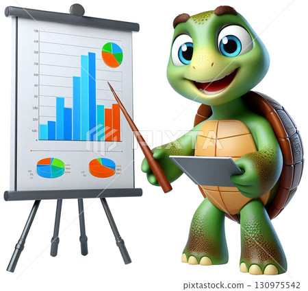 A cartoon turtle giving a presentation with charts 130975542