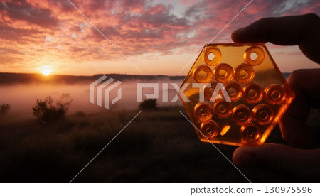 Hexagon Held Against Sunrise 130975596